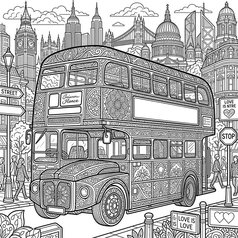 Dive into a world of intricate details with this stunning double-decker bus coloring page, perfect for adults seeking a mindful and creative escape. Featuring elaborate patterns and a bustling city backdrop, it offers hours of relaxing artistic engagement.