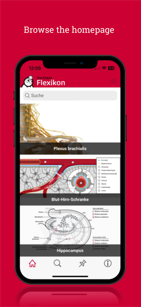 DocCheck Flexikon - DocCheck Flexikon app homepage displaying medical illustrations and a search bar