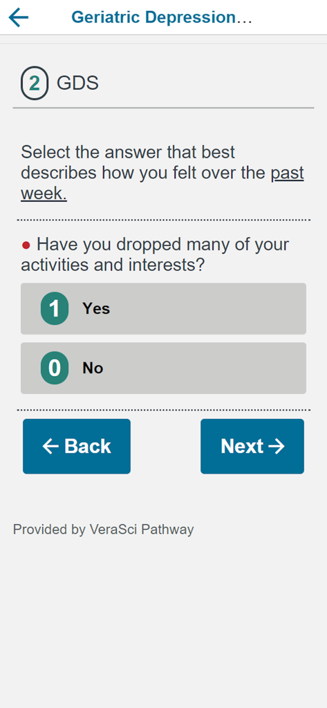 Pathway ePRO - Pathway ePRO アプリのインターフェースに、高齢者うつ病評価尺度（Geriatric Depression Scale）の質問が表示され、はい/いいえの回答オプションがある画像