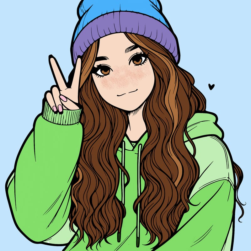 a teenage girl in a beanie, oversized sweatshirt, wavy long hair, and is showing a ✌️