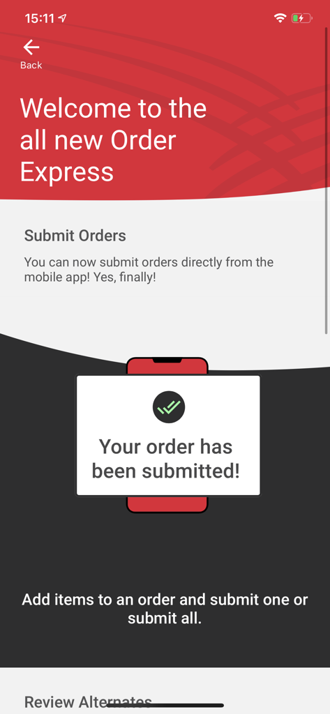 Order Express app screen showing a successful order submission confirmation on a smartphone