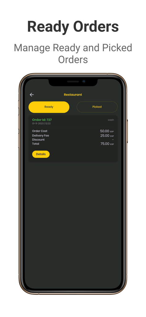 Hurryapp Vendor - Interfaz de la aplicación HurryApp Vendor que muestra un pedido listo con detalles de costo y tarifa de entrega.