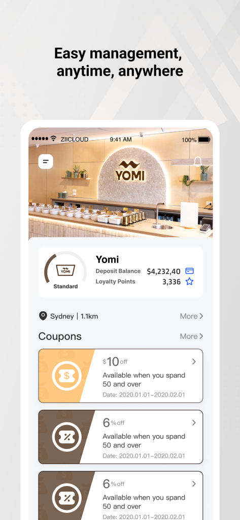 Yomi - Yomi app interface showing member points and available discount coupons