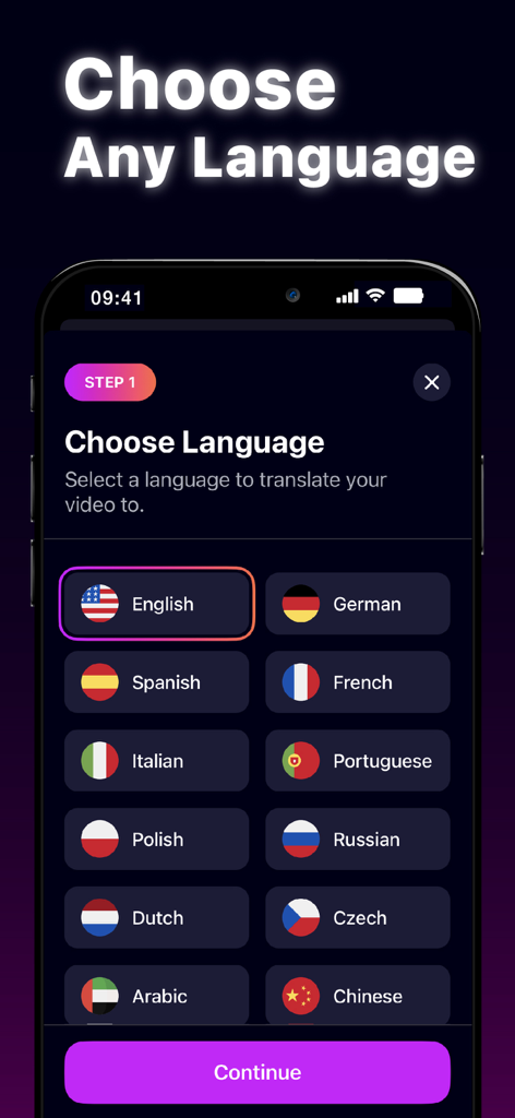 Oberfläche der AiDub App zeigt eine Liste von Sprachen mit Flaggen-Symbolen für die Videoübersetzung