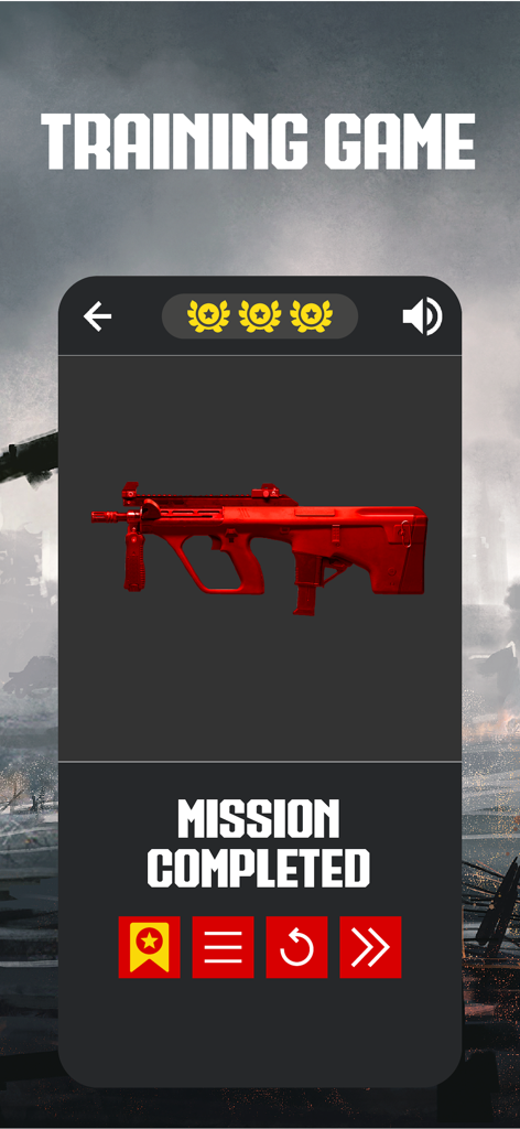 Warzone Loadout app training game mission completed screen with red weapon silhouette