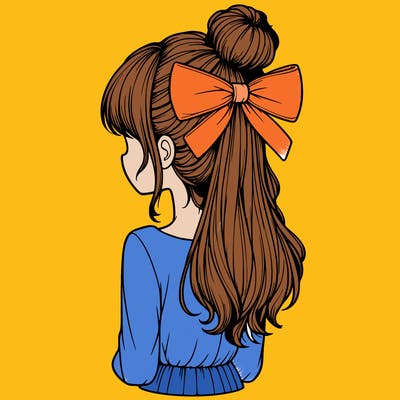 realistic girl  with hip length hair a bun and a big bow on the back of head