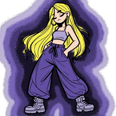 girl in baggy pants crop top and long hair