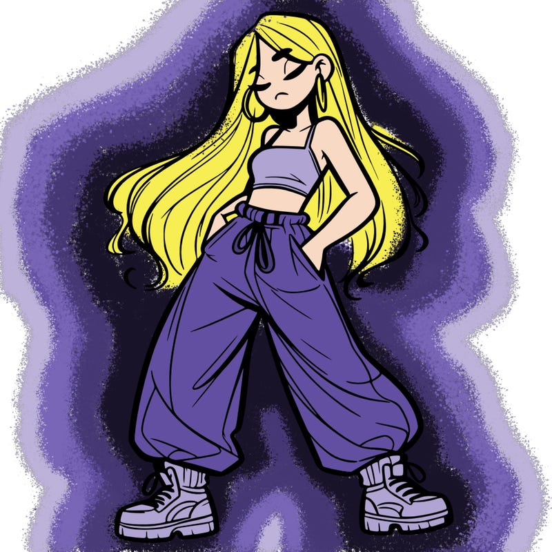 girl in baggy pants crop top and long hair
