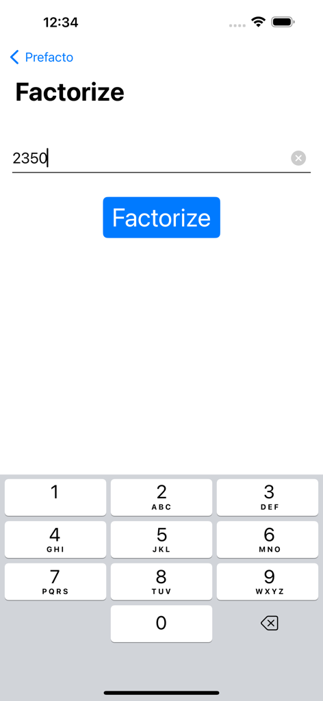 Screenshot of the factorization interface in the Prefacto app showing a number input field and a factorize button