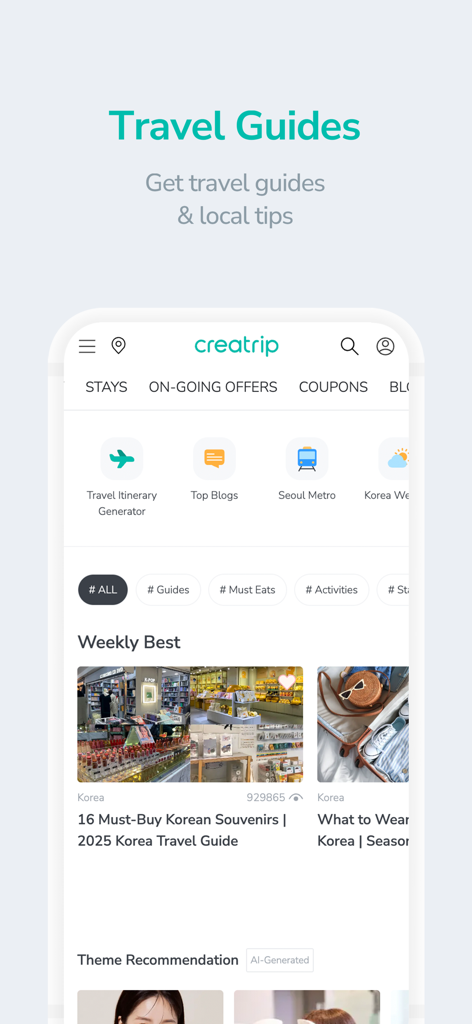 Creatrip: Korea Your Way - 크리에이트립 앱 인터페이스 스크린샷으로, 한국 여행을 위한 여행 가이드, 현지 팁, 기념품 추천을 포함한 엄선된 콘텐츠를 보여줍니다.
