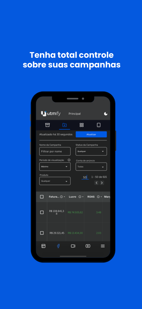Utmify mobile app screenshot showing a marketing dashboard with campaign performance metrics and management tools