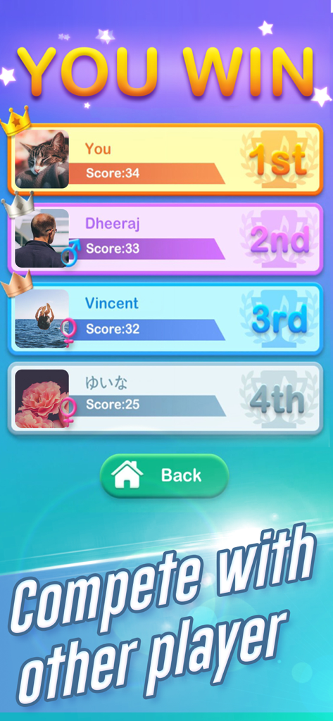 Pantalla de clasificación de victoria de Dream Piano que muestra los rankings y puntajes de los jugadores.