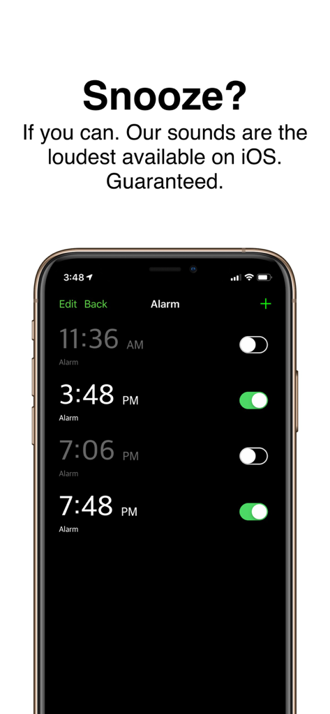 Loud Alarm Clock by BLITZ - Benutzeroberfläche der Loud Alarm Clock von BLITZ App, die eine Liste aktiver Alarme für Tiefschläfer zeigt.