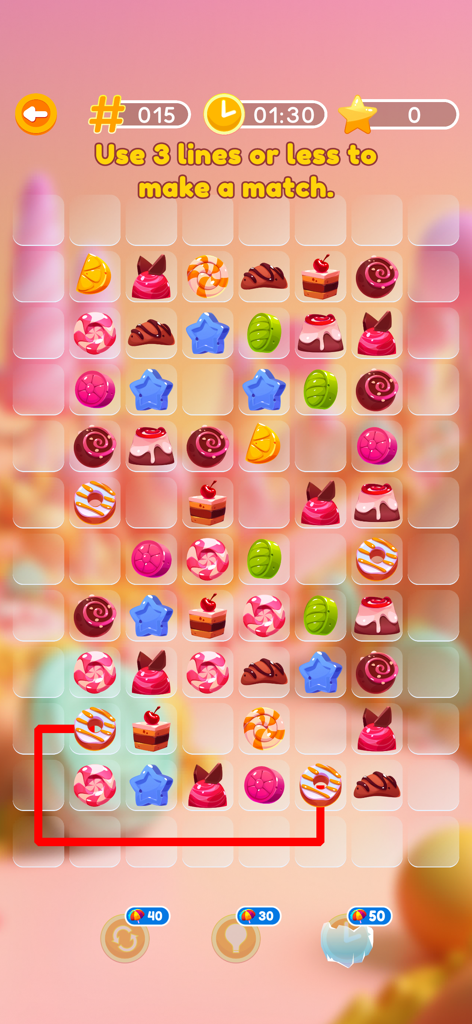 Jogabilidade de Onet Puzzle Paradise Match mostrando peças de sobremesa sendo combinadas