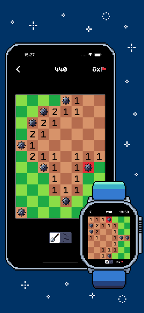 O jogo retrô de campos minados MineHound da Arcadia no Apple Watch e iPhone da coleção Arcadia