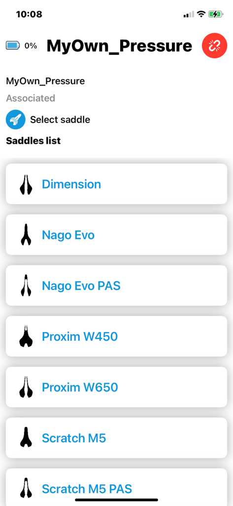 My-Own - バイクフィッティング中に選択するために、DimensionおよびNago Evoを含むPrologoサドルモデルのリストを表示するMy-Ownアプリのインターフェース。