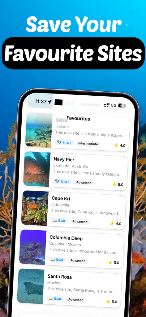WikiBubbles: Dive & Snorkel - WikiBubbles app screen showing a list of saved favorite dive sites with ratings and location details