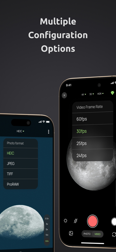 ZoomX : Super Zoom Camera - 달 사진 위에 사진 형식 설정 및 비디오 프레임 속도 옵션을 표시하는 ZoomX 카메라 앱 인터페이스