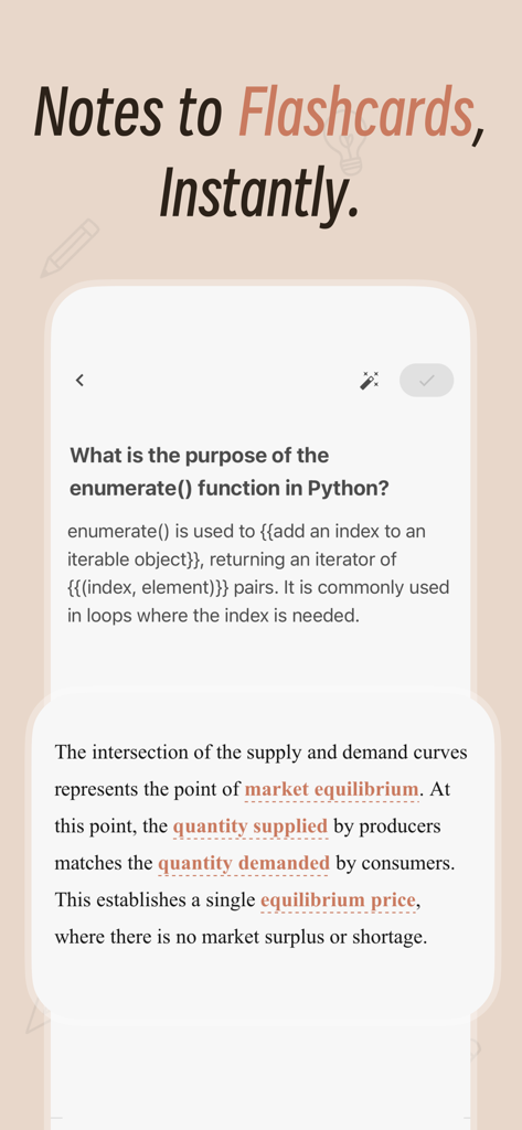 La interfaz de la aplicación Noolingo demuestra la conversión instantánea de notas de texto en tarjetas didácticas cloze generadas por IA.