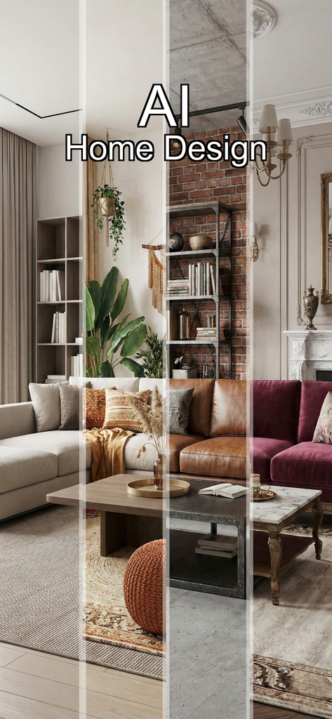 AI Home Design - Room Decor - AI-generated interior design variations showing different styles for a living room