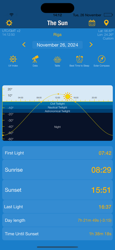 The Sun: Sunrise sunset Times - Main dashboard of The Sun app displaying sunrise sunset times and solar path graph