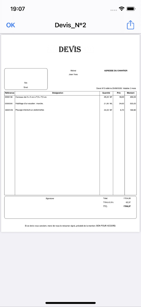 Professional quote preview in the Devis et Facture mobile application for contractors.