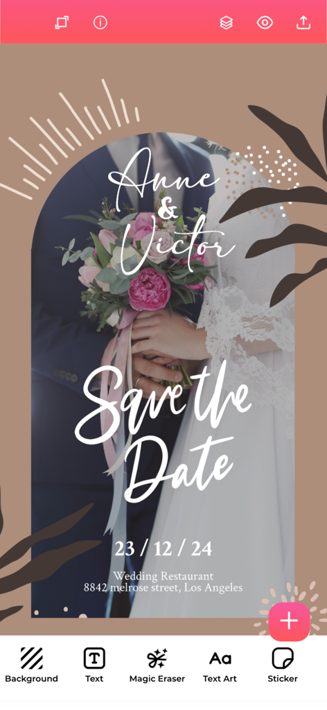 Graphic Design & Logo Creator. - グラフィックデザイン＆ロゴクリエーターモバイルアプリで編集中の「Save the Date」ウェディング招待状テンプレート