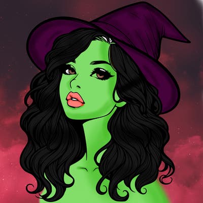 realistic witch girl with wavy hair and lips