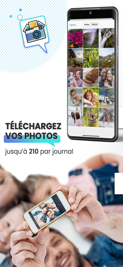 Un smartphone montrant un écran de sélection de photos pour créer un journal familial avec un père et des enfants prenant un selfie en arrière-plan