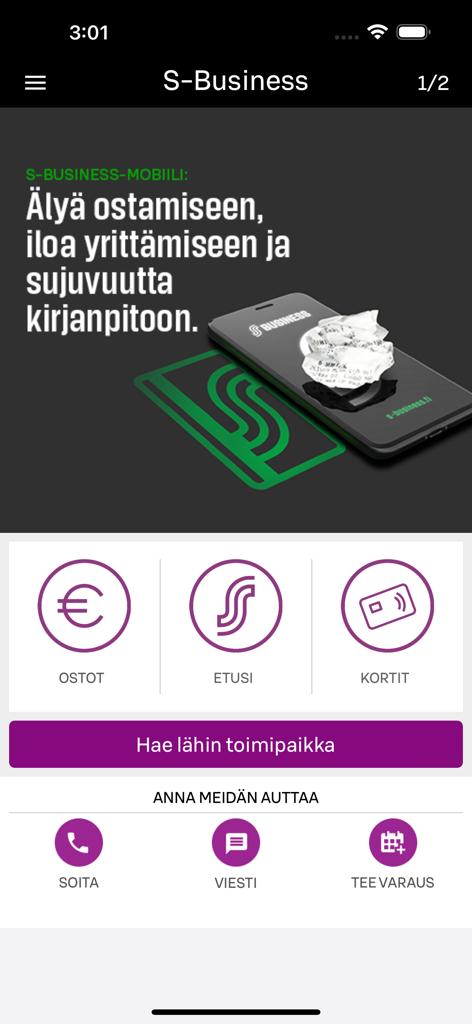 S-Business-Dashboard in der mobilen App mit Funktionen zur Verwaltung von Einkäufen, Treuevorteilen und Firmenkarten