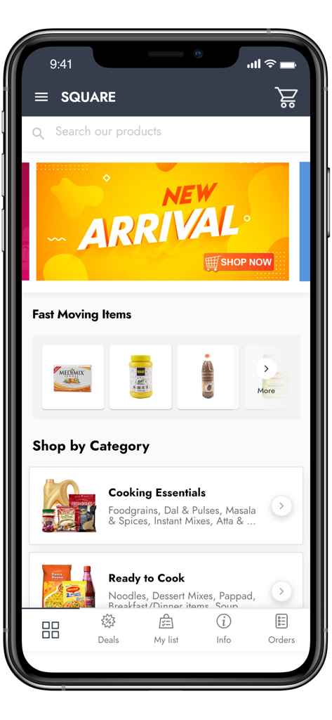 SQUARE BUY GOOD. FEEL GOOD - Interface móvel do aplicativo de mercearia Square com categorias de produtos como essenciais de cozinha e itens de rápida movimentação