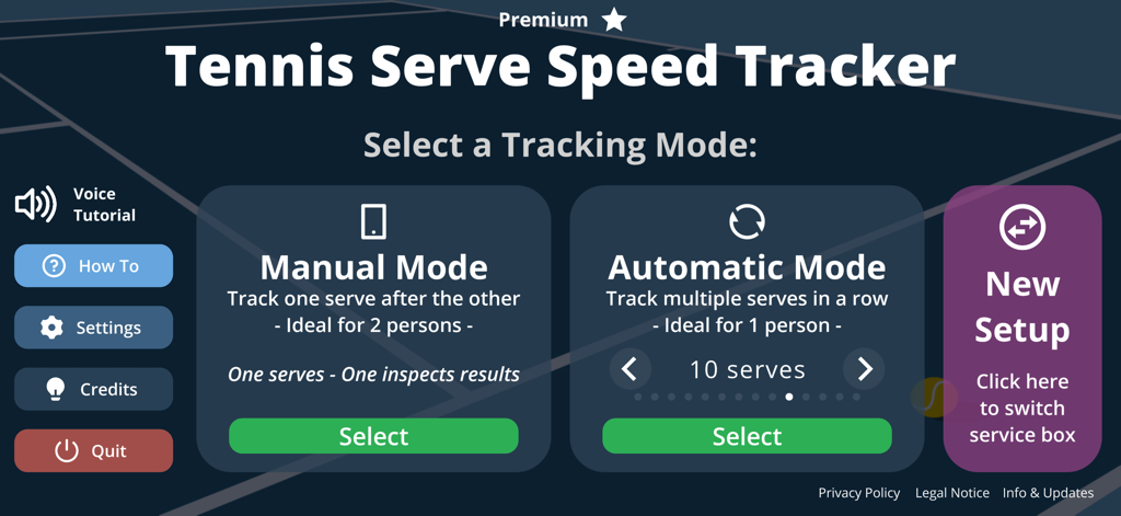 Tennis Serve Speed Tracker - Mode selection screen in the Tennis Serve Speed Tracker app showing Manual and Automatic tracking options