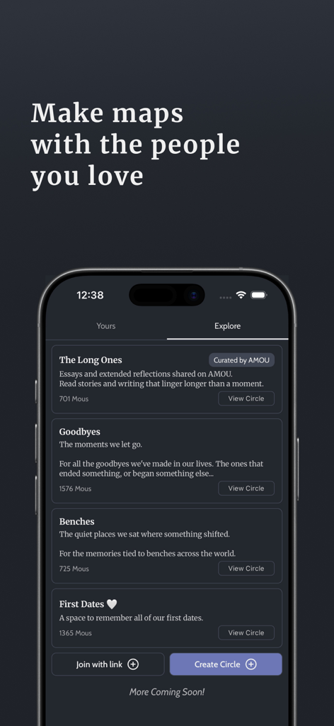 AMOU: A Map Of Us - Screenshot of the AMOU app explore tab showing shared memory circles like First Dates and Benches