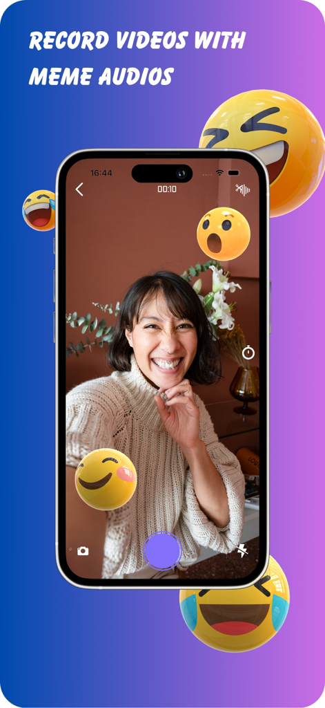 Meme Audio - Écran d'iPhone montrant une jeune femme enregistrant une vidéo avec des emojis flottants et du texte audio de mème
