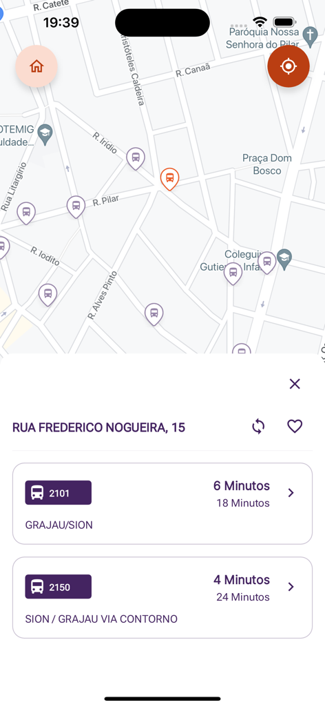 BHBUS+ - Interfaz del mapa de la aplicación BHBUS plus que muestra predicciones de llegada de autobuses en tiempo real para las líneas cercanas 2101 y 2150