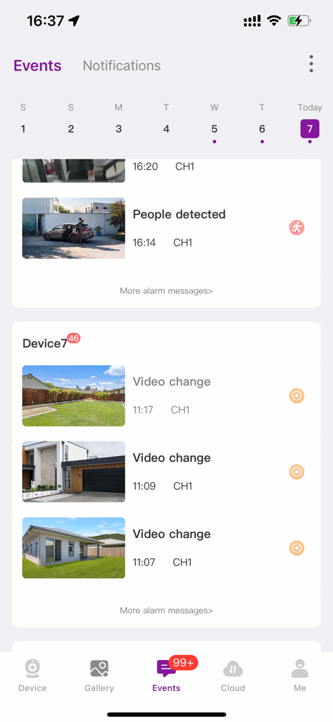 WallPixel HD - Flux d'événements dans l'application WallPixel HD affichant des alertes de détection de mouvement et des instantanés de caméra