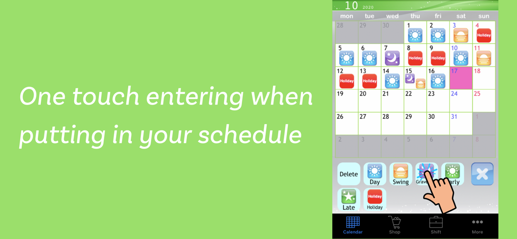 Shift Planning Calendar Pro - Interface mobile de l'application Shift Planning Calendar Pro affichant la saisie d'un horaire en un seul clic sur un calendrier mensuel.
