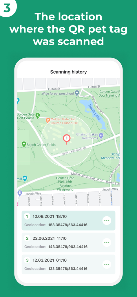 WAUDOG Smart ID - QRペットタグがスキャンされた場所とスキャン履歴リストが表示された地図