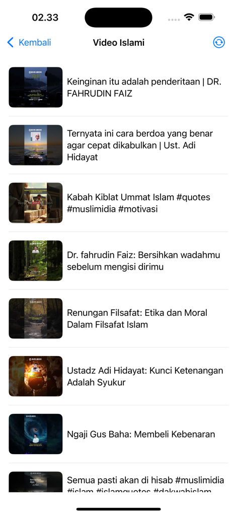 AlQuran 30 Juz Tanpa Internet - A screen from the AlQuran app showing a list of Islamic videos with Indonesian titles and thumbnails