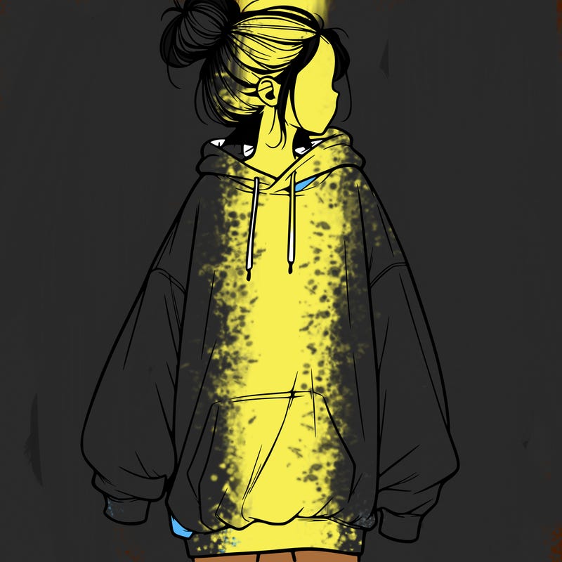 realistic girl with a oversized sweatshirt on and a bun