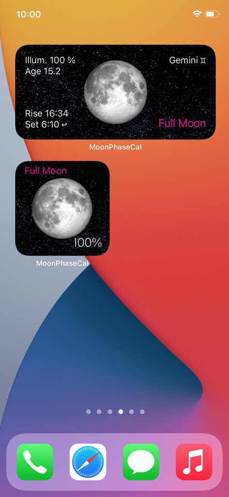 iPhone home screen with two widgets displaying full moon phases and astronomical data