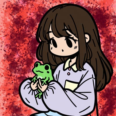 girl with long hair and a oversized shirt. and she is holding a frog