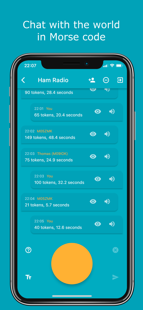 Morse Chat: Chat in Morse Code - A mobile screen showing the Morse Chat app interface within a Ham Radio public room featuring a large yellow tapping button for inputting Morse code.