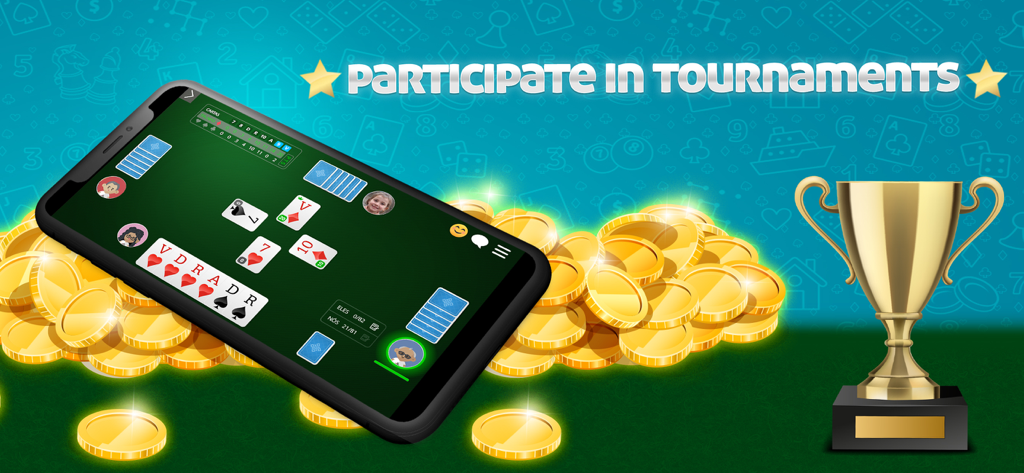 Un smartphone affichant le jeu de cartes Belote avec un trophée d'or et des pièces pour les tournois en ligne
