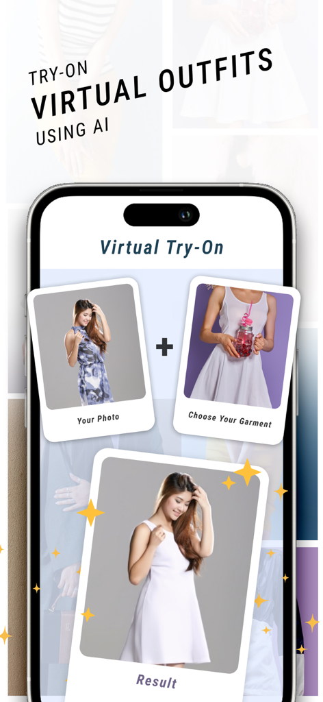 FitCheck App-Oberfläche, die die Funktion für virtuelle Anproben zeigt, bei der ein Benutzer Kleidungsstücke anhand seines eigenen Fotos mithilfe von KI vorab ansehen kann