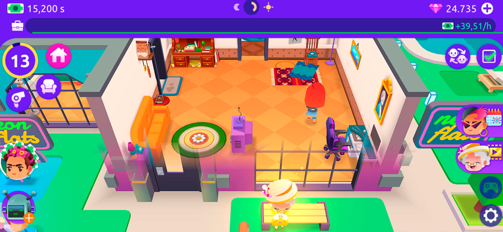 Idle Life Sim - Simulator Game - Intérieur d'appartement coloré avec des meubles et un avatar dans le jeu mobile Idle Life Sim