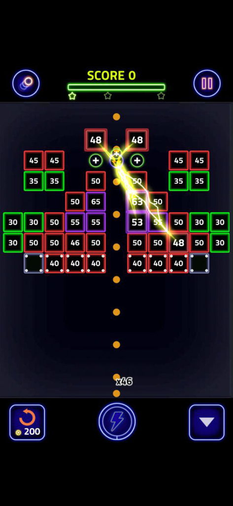 Captura de pantalla del juego móvil Brick Breaker Glow con coloridos bloques de neón y trayectorias de bolas.