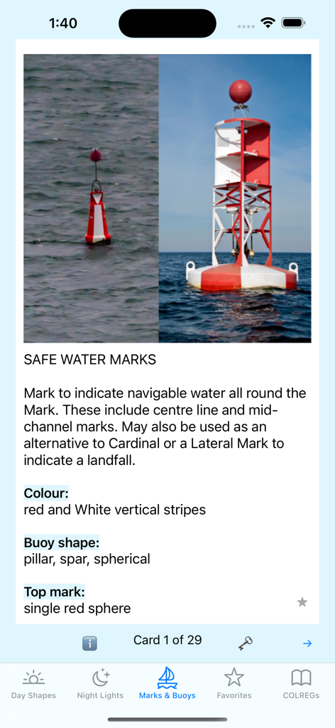 Sail Safe - A screenshot from the Sail Safe app showing a study card for safe water marks with images of red and white vertical striped buoys.
