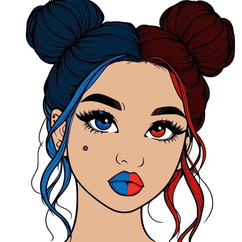 realistic girl with two buns on her hair and lips