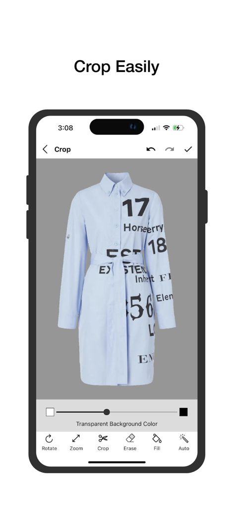 Smart Closet app interface showing a dress being cropped and edited with background removal tools